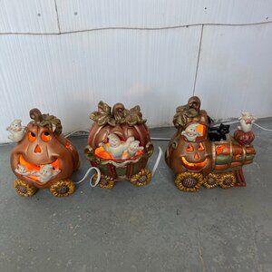 vintage Halloween light up train ghosts, cats, pumpkins sunflowers 3 piece set